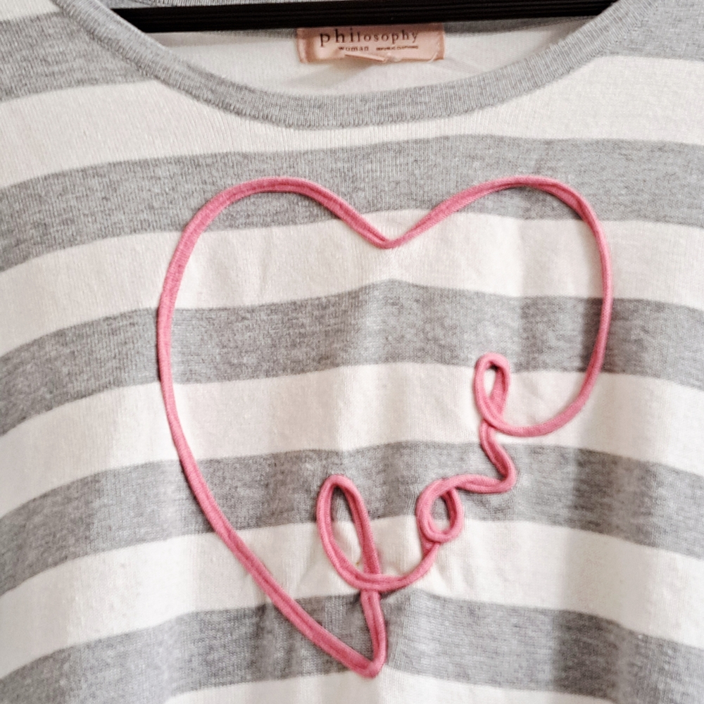 Philosophy LOVE Soft Gray and White Stripe Thin Sweater Cozy Soft Knitwear